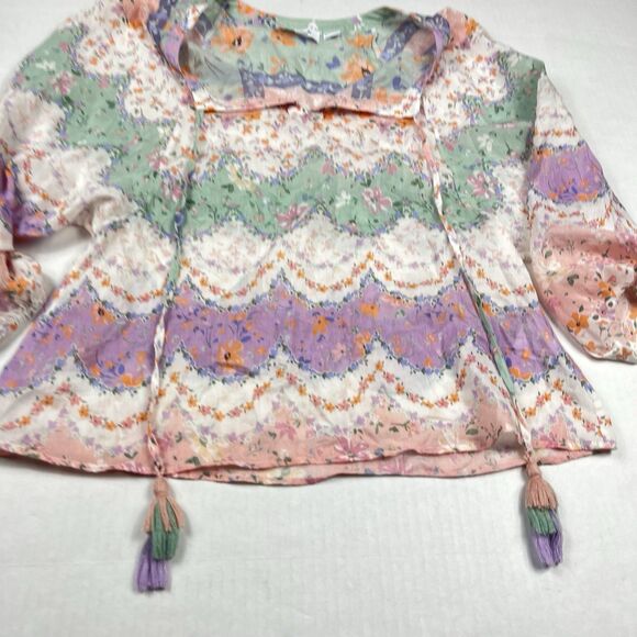 Laia Pastel Boho Blouse Lightweight Silk Blend Tassel Hem Peasant Top Small - Picture 2 of 10